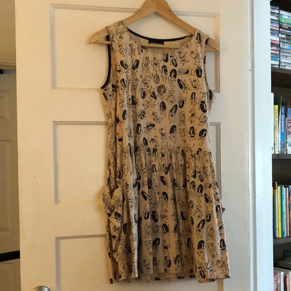 Nooworks Beige and Black Printed Sleeveless Mini Dress